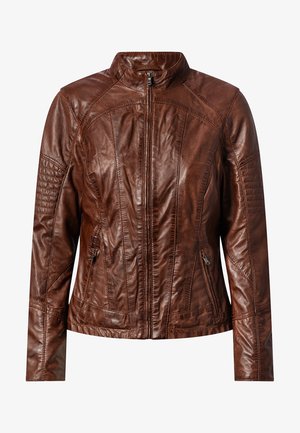 Braune Lederjacke mit Stehkragen, Frontreißverschluss und gesteppten Akzenten an den Schultern. Verfügt über zwei seitliche Reißverschlusstaschen und maßgeschneiderte Nähte.