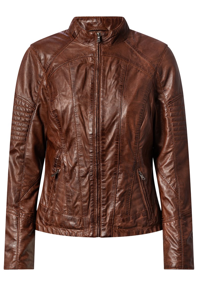 Braune Lederjacke mit Stehkragen, Frontreißverschluss und gesteppten Akzenten an den Schultern. Verfügt über zwei seitliche Reißverschlusstaschen und maßgeschneiderte Nähte.