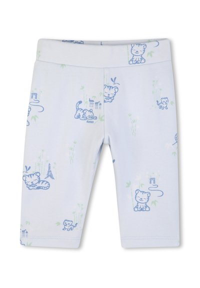 Leggings bleu clair en tissu doux, présentant des motifs ludiques de chats et de monuments en bleu foncé avec des accents verts. Taille élastique.