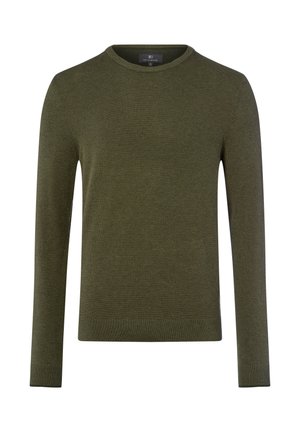 Olijfgroen gebreide trui met een ronde hals, lange mouwen en een textuurpatroon. Voorzien van geribbelde manchetten en zoom voor een aansluitende look.