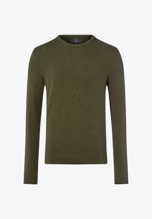 Olivgrüner Strickpullover mit Rundhalsausschnitt, langen Ärmeln und strukturiertem Muster. Mit gerippten Bündchen und Saum für eine optimale Passform.