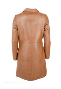 Brauner Lederjacke mit strukturiertem Design, langen Ärmeln und spitzem Kragen. Verfügt über Nahtdetails entlang des Rückens.