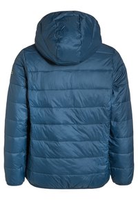 Veste matelassée bleue avec capuche, couture horizontale et texture lisse et brillante. Design simple sans embellissements visibles.