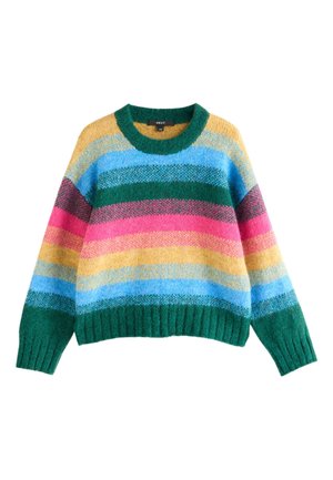 Hrubý pletený sveter so širokými horizontálnymi pruhmi v zelenej, modrej, žltej, ružovej a bordovej farbe, s rebrovanými manžetami a lemom.