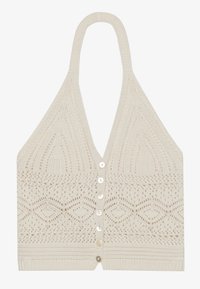 Pleteni halter top u krem boji, s geometrijskim uzorkom, dubokim V-izrezom i pet dugmadi na prednjoj strani s teksturiranim završetkom na rubu.