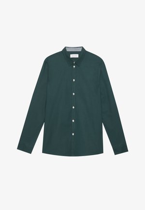 Dark green long-sleeve shirt made of smooth fabric, featuring a classic collar, front button closure, and subtle white stitching details.