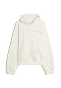 Felpa color crema realizzata in morbido cotone. Presenta una tasca frontale, polsini a costine e un logo in corsivo blu chiaro sul lato sinistro del petto.