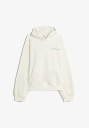 Krämfärgad hoodie i mjuk bomull. Har en framficka, ribbade muddarn och en kursiv logotyp i ljusblått på vänster bröst.