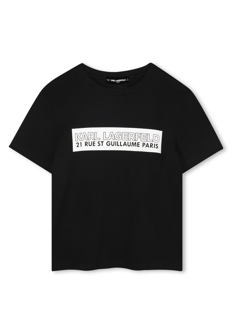 T-shirt nera a maniche corte con testo stampato bianco "KARL LAGERFELD 21 RUE ST GUILLAUME PARIGI" centrato nella parte anteriore.