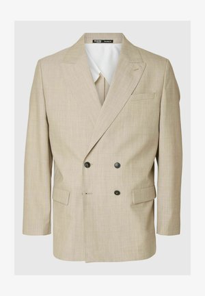 Beige double-breasted blazer made of textured fabric, featuring notch lapels, two black buttons, and side pockets for a relaxed fit.