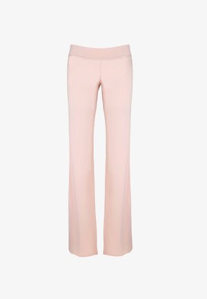 Lichtroze lange broek met een platte tailleband, gemaakt van gladde stof, met een uitlopend ontwerp en zonder zichtbare zakken of patronen.