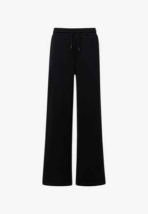 Zwarte wijde broek van zacht materiaal, met een elastische tailleband en een trekkoord, en een gladde textuur zonder zichtbare patronen.