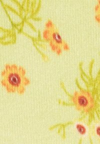 Hellgrüner Stoff mit verstreutem Blumenmuster in orange- und gelbtönen, mit feinen Details von Blütenblättern und Blättern.