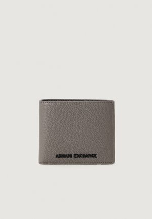 Portefeuille bifold en cuir texturé gris avec le logo noir Armani Exchange au centre avant sur fond blanc.