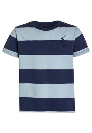 Kortærmet bomulds t-shirt med brede horisontale marineblå og lyseblå striber og et lille mørkt broderet logo med en polospiller på brystet.