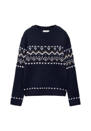 Pull en maille bleu marine avec des motifs géométriques blancs, noirs et gris sur la poitrine, les manches et l’ourlet, avec un col rond côtelé.