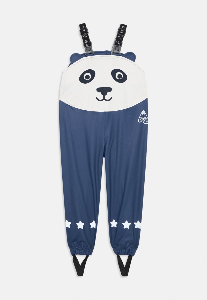 Marineblaue wasserdichte Latzhose mit einem weißen Panda-Gesicht an der Oberseite, verstellbaren Trägern und weißen Sternmustern am unteren Ende. Mit Gummizügen an den Knöcheln.
