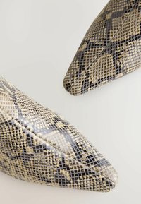 Pantofi cu vârful ascuțit, având un imprimeu de șarpe în nuanțe de bej, negru și auriu. Textura este gravată cu un model în grilă și are o finisare netedă.