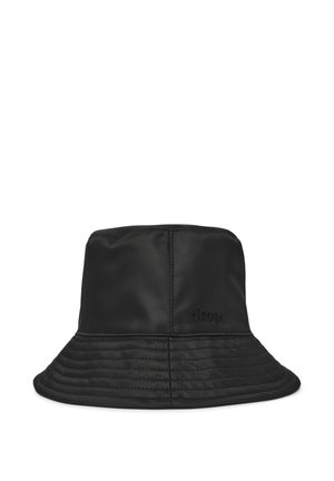 Schwarzer Bucket Hat mit genähten Einsätzen und breiter Krempe, vorne mit kleinem besticktem Text "drop".