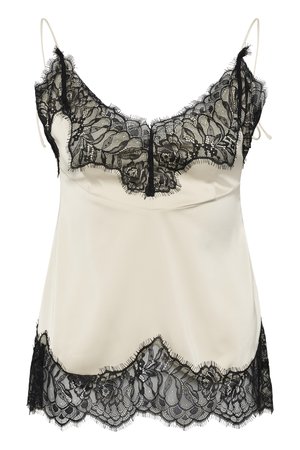 Caraco en soie crème avec bordure en dentelle florale noire sur l'encolure et l'ourlet, avec fines bretelles réglables.