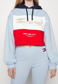 Beskurad hoodie med marinblå huva, ljusblå kropp och röda samt vita paneler. Har en metallisk guldlogotyp och texten "NEW YORK CITY". Slät textur.