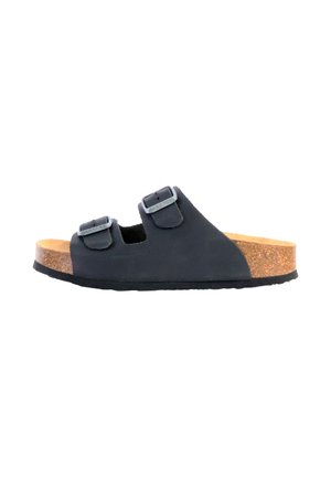 Sort to-sneaker sandal med justerbare spænder, kork sål og gummiydersål. Glat overmateriale, åben tå-design og klassisk silhuet.