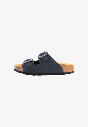 Sort to-sneaker sandal med justerbare spænder, kork sål og gummiydersål. Glat overmateriale, åben tå-design og klassisk silhuet.