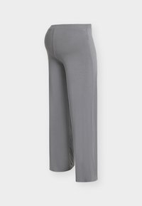 Γκρι παντελόνι με φαρδιά μάτια από λείο, ελαστικό ύφασμα με μεσαία μέση και διακριτικές ραφές. Πλάγια όψη που αναδεικνύει το σχήμα και τη ροή.