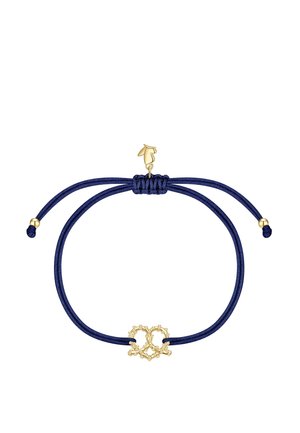 Pulsera de cordón ajustable azul marino con pequeño colgante dorado en forma de corazón y cuentas doradas en los extremos.