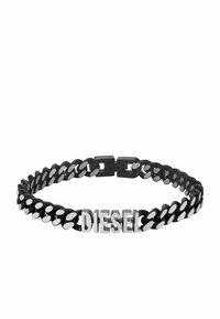 Black rubber chain bracelet with silver hardware, featuring a bold "DIESEL" logo and smooth, oval link design.