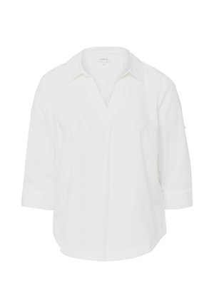 Weiße langärmlige Bluse mit Kragen, V-Ausschnitt und leicht abgerundetem Saum, dargestellt auf einem schlichten weißen Hintergrund.