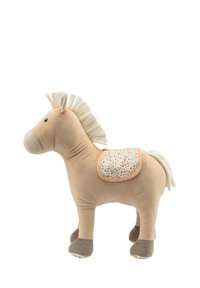 Soft plush horse with beige body, light mane, gray hooves, and a floral-patterned saddle. Textured fabric for a tactile experience.