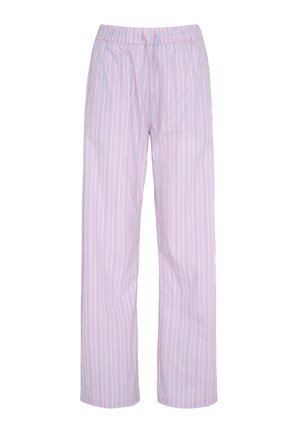 Light purple pajama pants with vertical blue and white stripes and an elastic waistband, displayed flat on a white background.