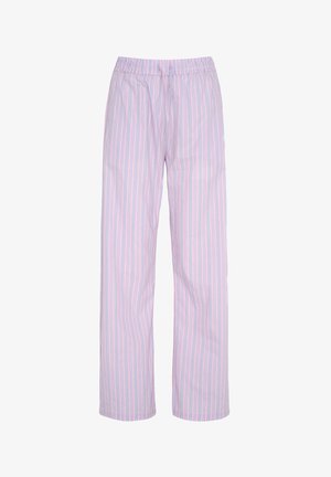 Light purple pajama pants with vertical blue and white stripes and an elastic waistband, displayed flat on a white background.