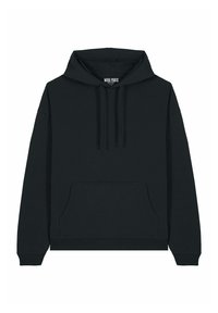 Pulover s kapuco v enotni črni barvi, narejen iz mehkega bombažnega materiala. Ima sprednjo žep, rebrast rob in manšete. Minimalistična zasnova brez vzorcev.