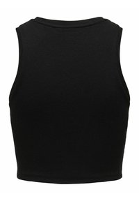 Zwart geribbelde crop top met een ronde halslijn en mouwloos ontwerp. De stof is rekbaar met zichtbare stiksels langs de zoom en randen.