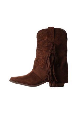 Bruine suède cowboylaars met decoratieve stiksels en franje aan de zijkant, voorzien van een puntige neus en lage hak.