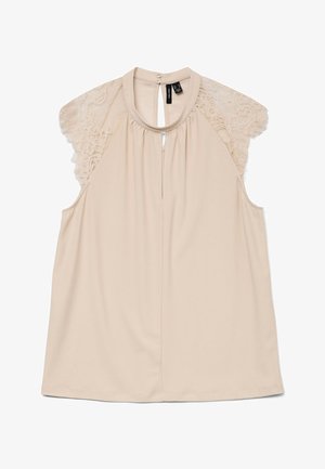 Beżowa bluzka bez rękawów z koronkowymi, krótkimi rękawkami, marszczonym okrągłym dekoltem oraz zapięciem na guziki z tyłu przy otworze.