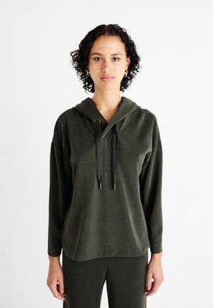 Olive green hooded sweatshirt made of soft fabric, featuring a loose fit, drawstring at the neck, and long sleeves. Smooth texture.