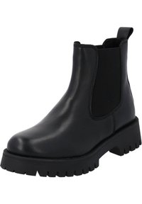 Botas Chelsea negras de cuero con paneles laterales elásticos, punta redondeada y suela de goma gruesa con detalles de tejido.