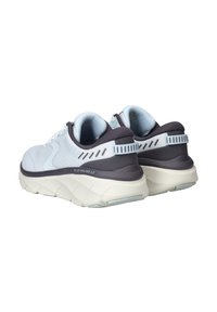 Scarpe da ginnastica azzurre chiare con accenti scuri. Parte superiore in rete, collo imbottito e suola bianca spessa con un design strutturato.