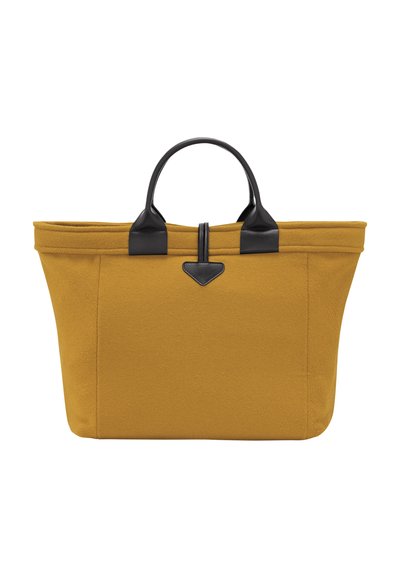Yellow felt tote bag with black leather accents. Features two hand straps and a structured design. Smooth texture, rectangular shape.