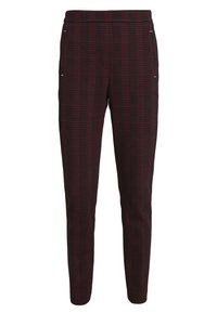 Červené a černé kostkované kalhoty s tapered střihem, mají kapsy a pasový lem. Látka má texturovaný povrch.