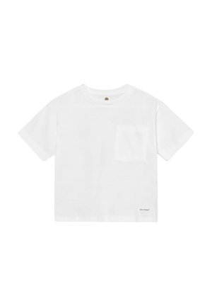 Hvid kortærmet bomulds-T-shirt med rund halsudskæring, der har en brystlomme på venstre side og en lille logo på kanten. Glat tekstur.