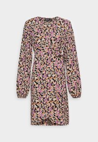 Floral wrap dress with long sleeves, featuring pink, orange, and black patterns on a light beige background; textured fabric and adjustable waist tie.