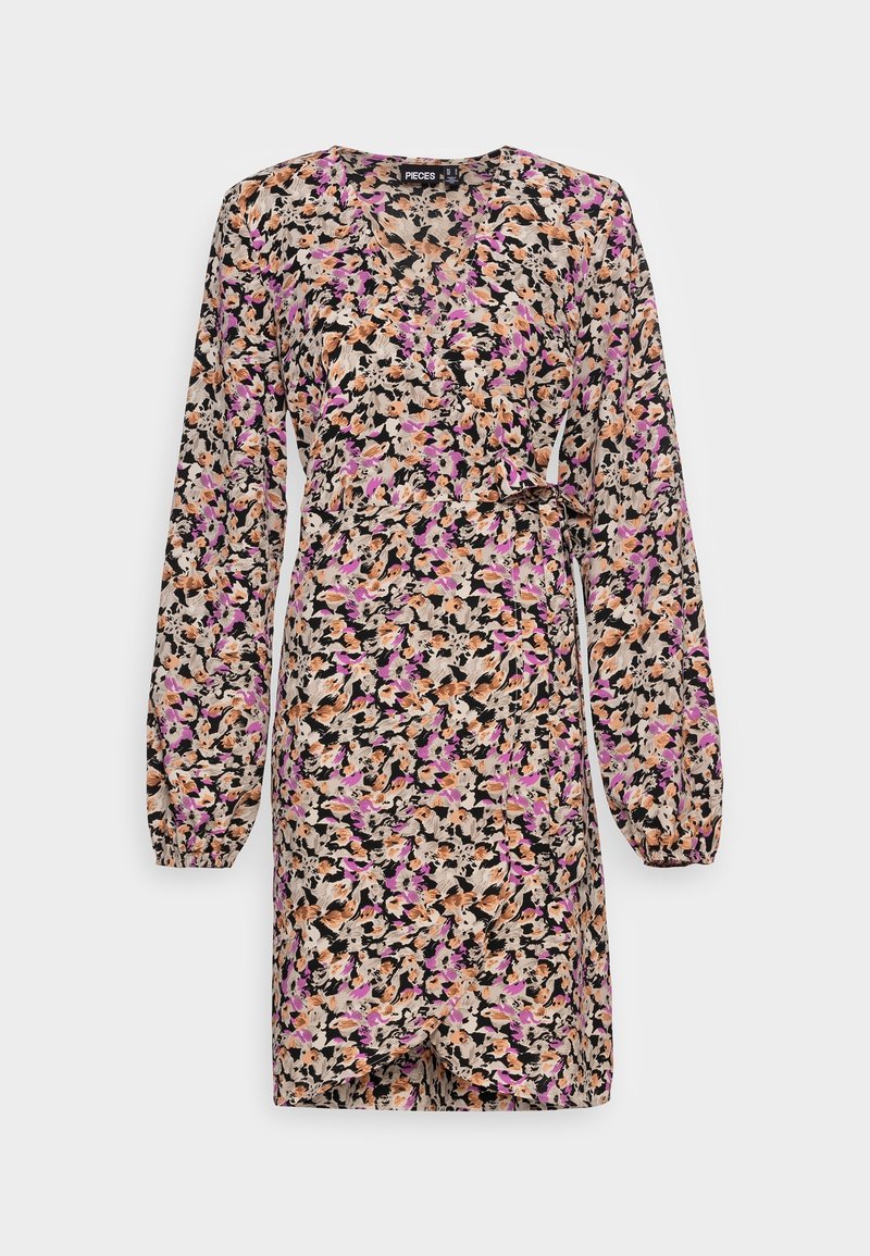 Floral wrap dress with long sleeves, featuring pink, orange, and black patterns on a light beige background; textured fabric and adjustable waist tie.