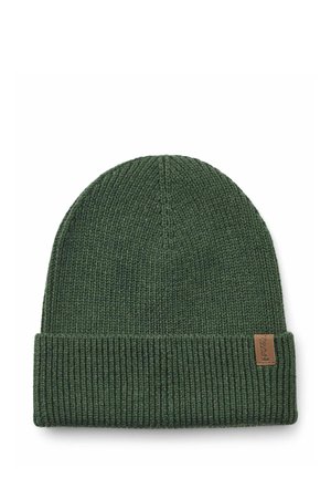 Green knitted beanie hat with a folded edge and a small brown rectangular tag on the side.