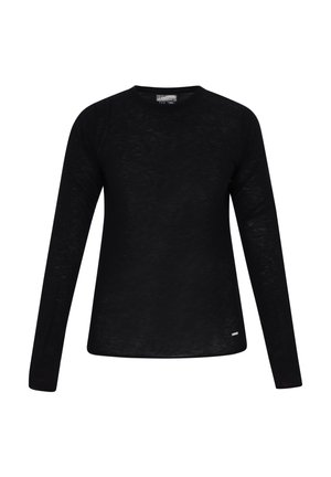 Fekete, hosszú ujjú póló, könnyű anyagból készült. Kerek nyakkivágással és egy kis logó részlettel a szegélyen. Simább textúrával.