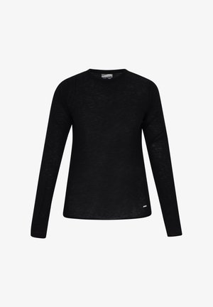 Fekete, hosszú ujjú póló, könnyű anyagból készült. Kerek nyakkivágással és egy kis logó részlettel a szegélyen. Simább textúrával.