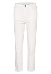 Pantalones de mezclilla blancos con un corte recto, que cuentan con un cierre de botón, diseño de cinco bolsillos y una textura suave. Estilo minimalista, sin patrones.